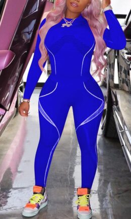 Royal blue Polyester Fashion Sexy adult Ma'am Patchwork Print Two Piece Suits pencil Long Sleeve Two Pieces