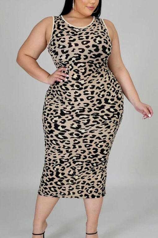 Leopard print Sexy Casual Polyester Spandex Print Leopard Vests O Neck Pencil Skirt Plus Size