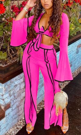 Fashion Casual Adult Milk Fiber Patchwork Solid Split Joint V Neck Long Sleeve Flare Sleeve Short Two Pieces