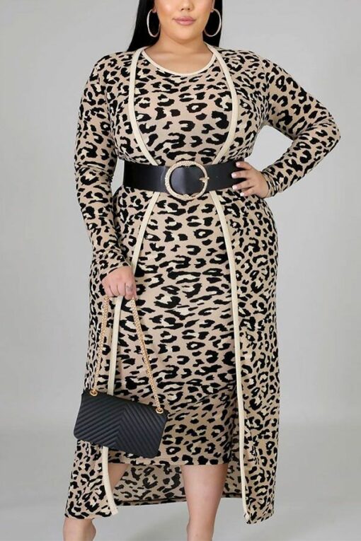 Leopard print Sexy Casual Polyester Spandex Print Leopard Vests O Neck Pencil Skirt Plus Size