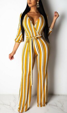 Fashion Sexy Adult Polyester Striped Split Joint With Belt V Neck Loose Jumpsuits
