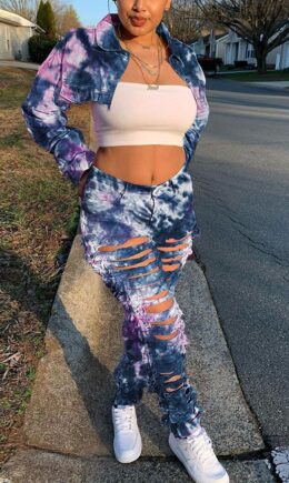 Fashion Casual Adult Print Tie Dye Ripped Tie-dye Turndown Collar Long Sleeve Regular Sleeve Short Two Pieces