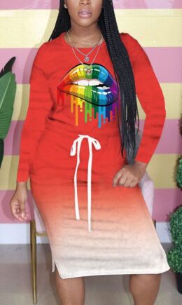 tangerine Fashion Casual Adult Polyester Gradual Change Patchwork Print Split Joint Draw String O Neck Long Sleeve Knee Length Printed Dress Dresses