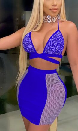 Sexy Polyester Solid Split Joint Spaghetti Strap Sleeveless Short Two Pieces