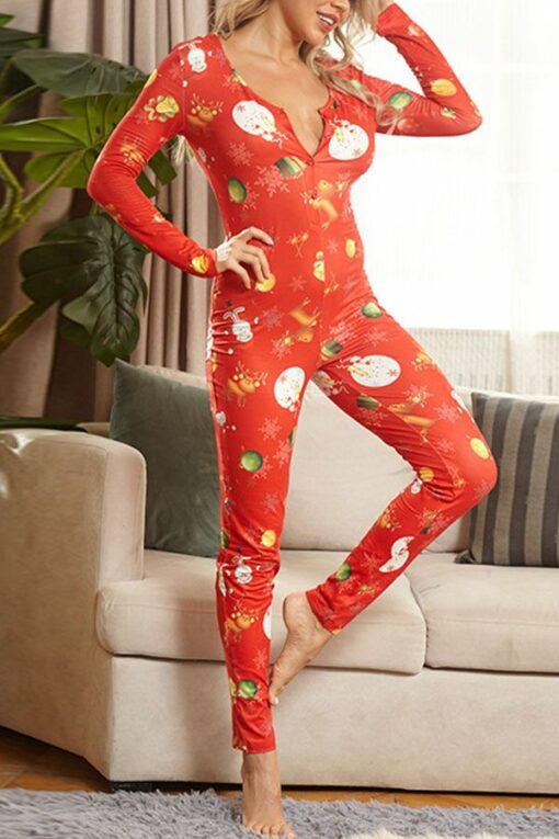 Sexy Living Polyester Knitting Character Print Buttons U Neck Skinny Jumpsuits