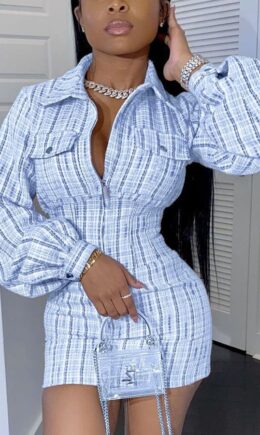 Sexy Daily Cotton Cotton Blends Plaid Print Frenulum Buttons Basic POLO collar Long Sleeve Mini Pencil Skirt Dresses