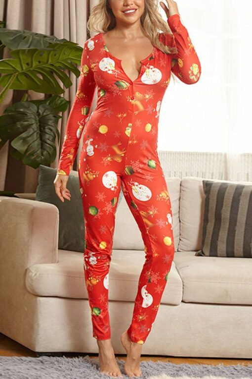 Sexy Living Polyester Knitting Character Print Buttons U Neck Skinny Jumpsuits