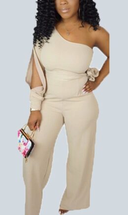 Cream white Sexy Adult Polyester Solid One Shoulder Regular Jumpsuits