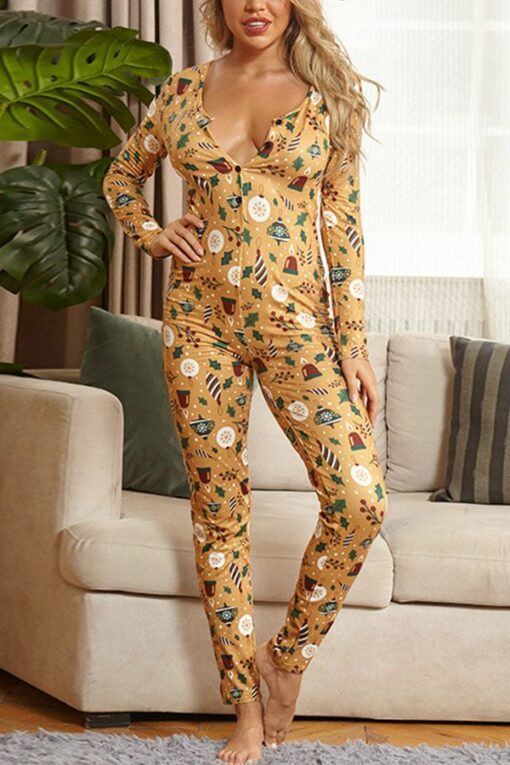 Sexy Living Polyester Knitting Character Print Buttons V Neck Skinny Jumpsuits