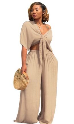 Plain High Waist Elastic Waist bandage Two-piece suit