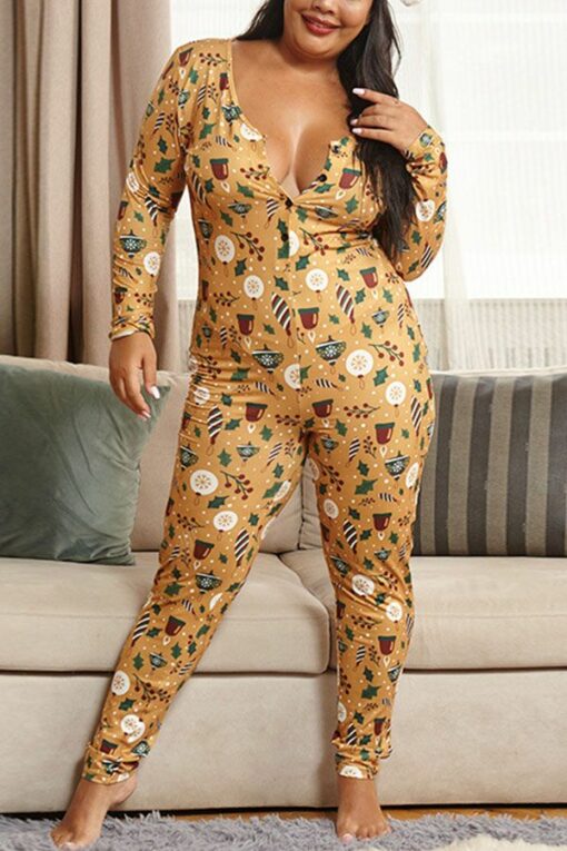 Sexy Living Polyester Knitting Character Print Buttons V Neck Skinny Jumpsuits