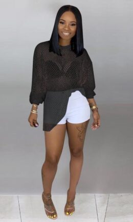 Polyester O Neck Long Sleeve HOLLOWED OUT perspective Mesh  Long Sleeve Tops