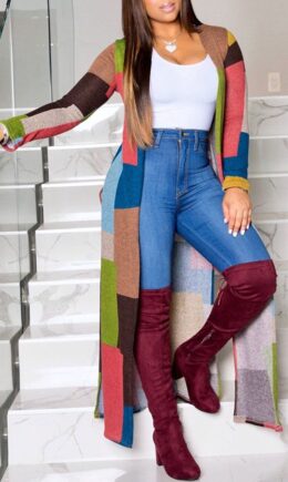 Multi-color Casual Elegant Polyester Twilled Satin Plaid Print Cardigan Bateau Neck Outerwear
