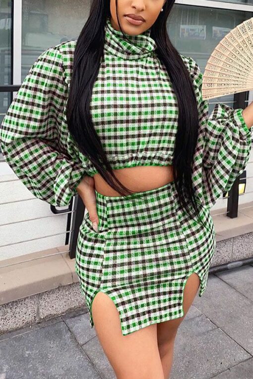 venetian Fashion adult Ma'am Street Plaid Print Two Piece Suits A-line skirt Long Sleeve Two Pieces