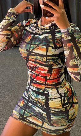 colour Fashion Sexy Adult Cotton Print O Neck Long Sleeve Mini Printed Dress Dresses