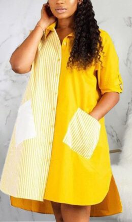 Fashion Sexy Adult Polyester Patchwork Solid Split Joint Turndown Collar Long Sleeve Knee Length Shirt Dress Dresses