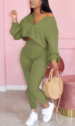 Fashion Patchwork Solid Asymmetrical V Neck Long Sleeve Two Pieces