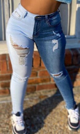 The cowboy blue Casual Color Lump Patchwork Solid Ripped Make Old Pocket Mid Waist Skinny Denim
