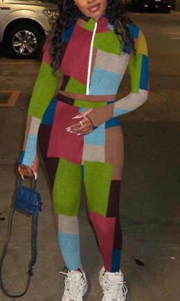 multicolor Fashion Sexy Adult Polyester Patchwork Print Split Joint O Neck Long Sleeve Regular Sleeve Regular Two Pieces