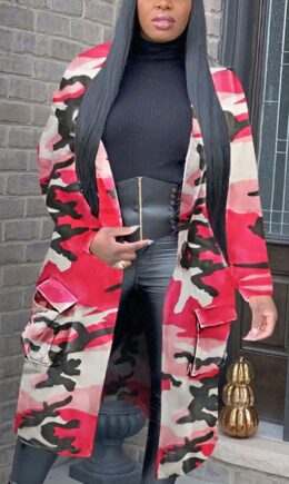 Fashion Sexy Adult Camouflage Print Pocket Cardigan Turndown Collar Outerwear