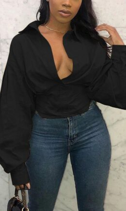 Fashion Sexy Adult Solid Split Joint Turndown Collar Tops