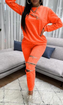 Fashion Casual Adult Solid Split Joint O Neck Long Sleeve Regular Sleeve Regular Two Pieces