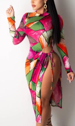 Sexy Print Bandage Tie-dye Slit O Neck Long Sleeve Mid Calf Pencil Skirt Dresses