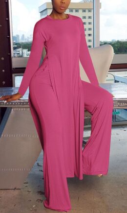 Fashion British Style Adult Solid Slit O Neck Long Sleeve Regular Sleeve Long Two Pieces