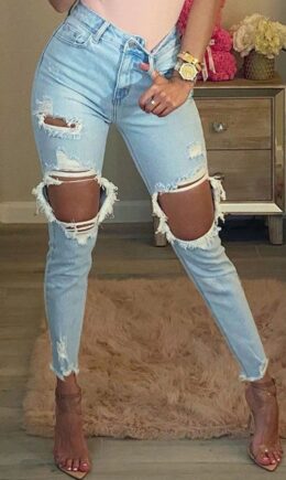 Casual Solid Ripped Buttons Pants High Waist Skinny Denim