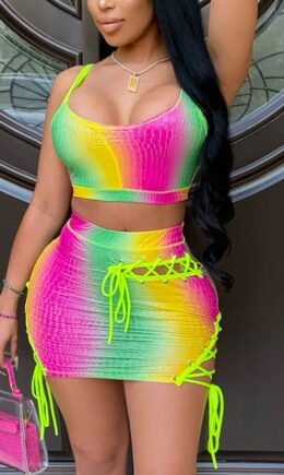 Sexy Gradual Change Print Bandage Hollowed Out Spaghetti Strap Sleeveless Two Pieces