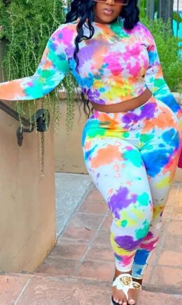 multicolor Fashion Sexy Adult Polyester Print Tie-dye O Neck Long Sleeve Regular Sleeve Short Two Pieces