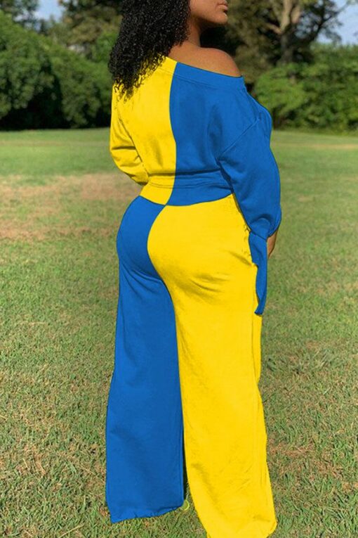 blue and yellow Casual Polyester Patchwork Solid Split Joint Frenulum Pants Knotted Bateau Neck Plus Size