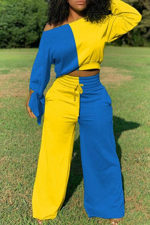 blue and yellow Casual Polyester Patchwork Solid Split Joint Frenulum Pants Knotted Bateau Neck Plus Size