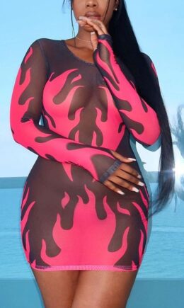 Fashion Casual Adult Polyester Print See-through O Neck Long Sleeve Mini Printed Dress Dresses