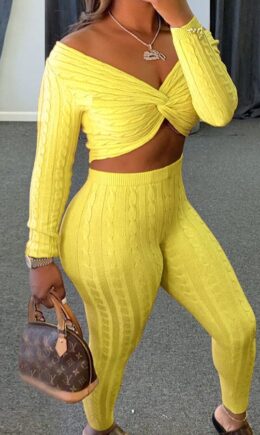 Fashion Casual Adult Solid Knotted V Neck Long Sleeve Regular Sleeve Short Two Pieces