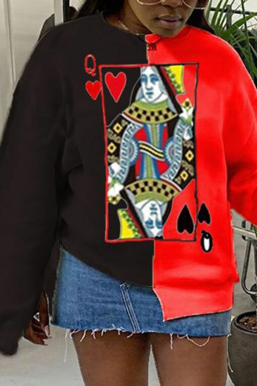 Casual Polyester Patchwork Print Poker Split Joint Slit Pullovers O Neck Tops