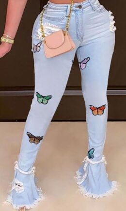 Sexy Print Ripped High Waist Boot Cut Denim