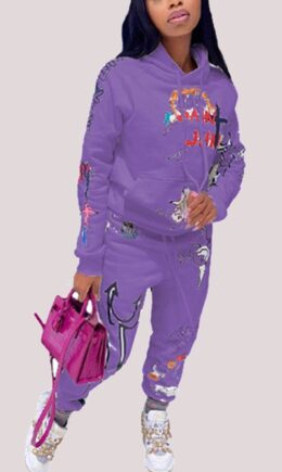 Fashion Casual Adult Polyester Print Split Joint Hooded Collar Long Sleeve Regular Sleeve Regular Two Pieces