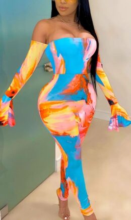 Fashion Sexy Polyester Print Bateau Neck Skinny Jumpsuits