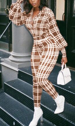 Fashion Casual Adult Polyester Plaid Turndown Collar Skinny Jumpsuits