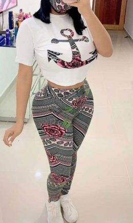 Polyester Fashion adult Street Patchwork Print Two Piece Suits pencil Short Sleeve Two Pieces