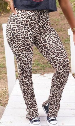 Leopard print Fashion Casual Adult Twilled Satin Leopard Slit Skinny Bottoms