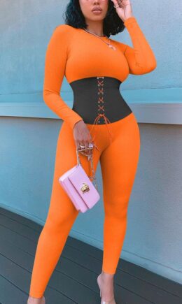 tangerine Street Patchwork Bandage Split Joint O Neck Skinny Jumpsuits