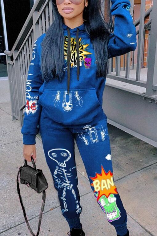 blue Fashion Casual Print Split Joint Hooded Collar Long Sleeve Regular Sleeve Regular Two Pieces
