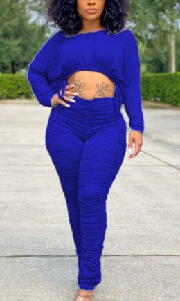 Street Twilled Satin Solid Fold Strap Design O Neck Long Sleeve Regular Sleeve Short Two Pieces