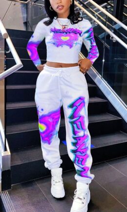 Fashion Casual Adult Print Split Joint O Neck Long Sleeve Regular Sleeve Short Two Pieces