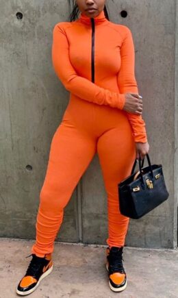 Casual Spandex Pit Article Fabrics Solid Fold Pants Zipper Collar Skinny Jumpsuits