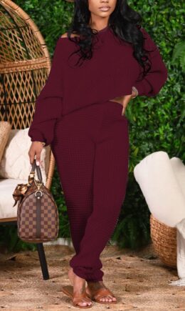 Fashion Casual Adult Solid Split Joint Oblique Collar Long Sleeve One Shoulder Regular Two Pieces
