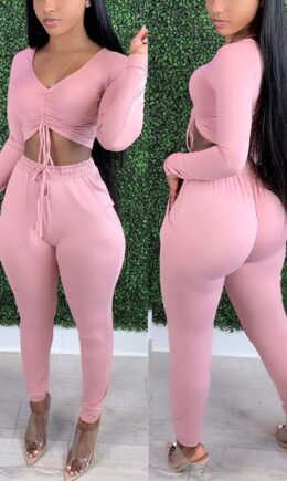 Fashion Casual Adult Polyester Solid Draw String Bateau Neck Long Sleeve Off The Shoulder Short Two Pieces
