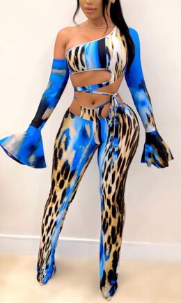 Sexy Leopard Pants One Shoulder Long Sleeve Two Pieces